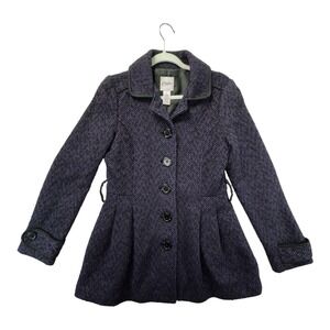 Candie's Purple & Black Herringbone Knit Wool Blend Button Pea Coat Sz Large